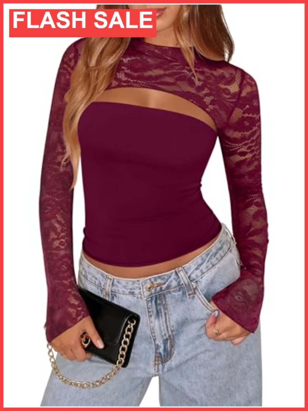 Lace Long Sleeve Cutout Y2K Top Double Lined Slim Fit Night Out Blouse